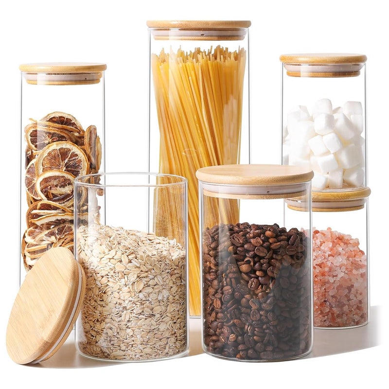 ComSaf Glass Food Storage Jars Set of 6 Clear Glass Storage Containers with Lids Canisters Sets for the kitchen Spaghetti Pasta Flour Nuts Oat Coffee and Sugar Container Pantry Organization - Image 2