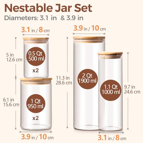 ComSaf Glass Food Storage Jars Set of 6 Clear Glass Storage Containers with Lids Canisters Sets for the kitchen Spaghetti Pasta Flour Nuts Oat Coffee and Sugar Container Pantry Organization - Image 3