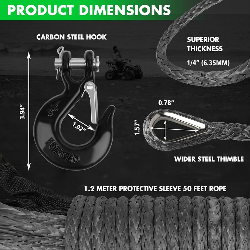 STEGODON Synthetic Winch Rope, 1/4'' x 50ft 10,000LBS Synthetic Winch Line 1/4 Winch Cable Replacement Synthetic Rope with Forged Winch Hook and Rubber Stopper for 4WD Off Road Vehicle ATV UTV (Gray) - Image 3