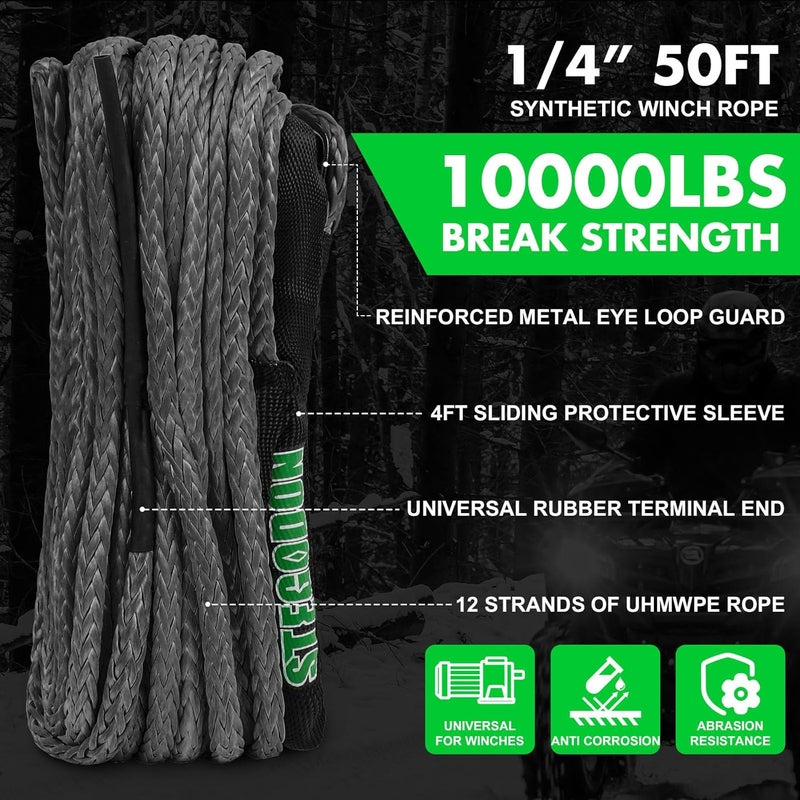 STEGODON Synthetic Winch Rope, 1/4'' x 50ft 10,000LBS Synthetic Winch Line 1/4 Winch Cable Replacement Synthetic Rope with Forged Winch Hook and Rubber Stopper for 4WD Off Road Vehicle ATV UTV (Gray) - Image 4