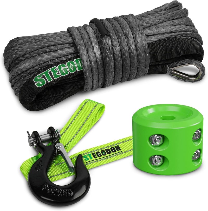 STEGODON Synthetic Winch Rope, 1/4'' x 50ft 10,000LBS Synthetic Winch Line 1/4 Winch Cable Replacement Synthetic Rope with Forged Winch Hook and Rubber Stopper for 4WD Off Road Vehicle ATV UTV (Gray) - Image 1