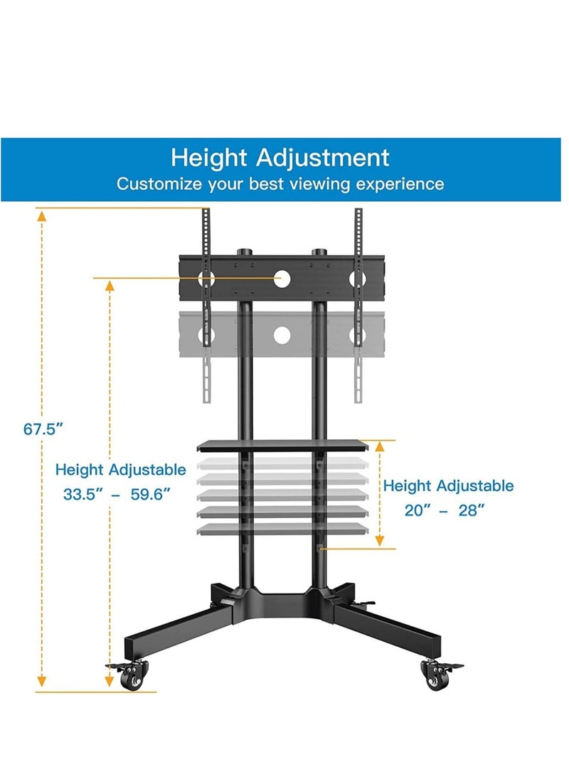 Mobile TV Cart with Wheels for 32-65 Inch LCD LED Plasma Flat Screen TVs- Height Adjustable Rolling TV Stand Hold up to 132 lbs- Floor Stand with Tray Max VESA 600x400mm - Image 3