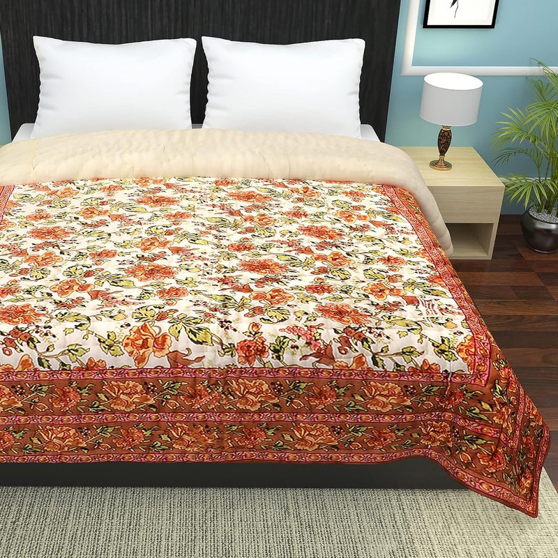 MITUL Jaipuri Razai Organic Pure Cotton Sanganeri Print Ac Quilt for All Season Soft Light Weight Rajasthani Cotton Quilt Double Bed Orange - Image 1