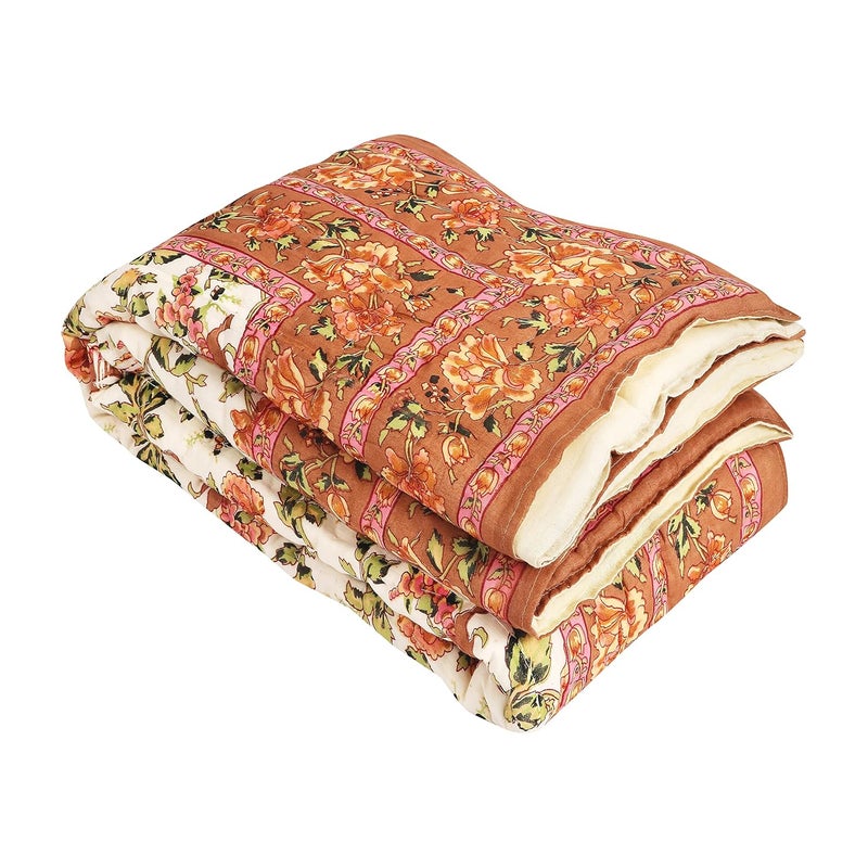 MITUL Jaipuri Razai Organic Pure Cotton Sanganeri Print Ac Quilt for All Season Soft Light Weight Rajasthani Cotton Quilt Double Bed Orange - Image 2