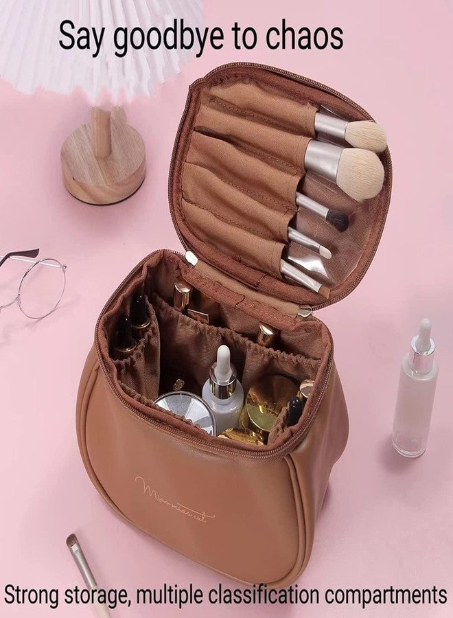 DOEASY Makeup Bag, Portable Cosmetic Bag, Large Capacity Travel Makeup Organizer, Leather Cosmetic Brush Case for Women Toiletry Bag for Girls with Handle and Divider Zipper Closure Vanity Bag (Brown) - Image 5