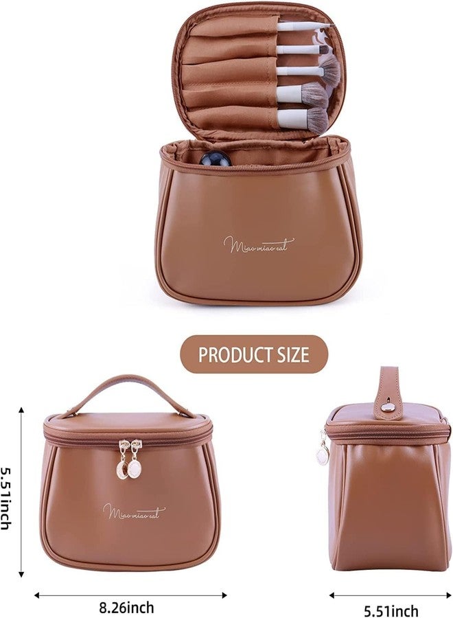 DOEASY Makeup Bag, Portable Cosmetic Bag, Large Capacity Travel Makeup Organizer, Leather Cosmetic Brush Case for Women Toiletry Bag for Girls with Handle and Divider Zipper Closure Vanity Bag (Brown) - Image 4