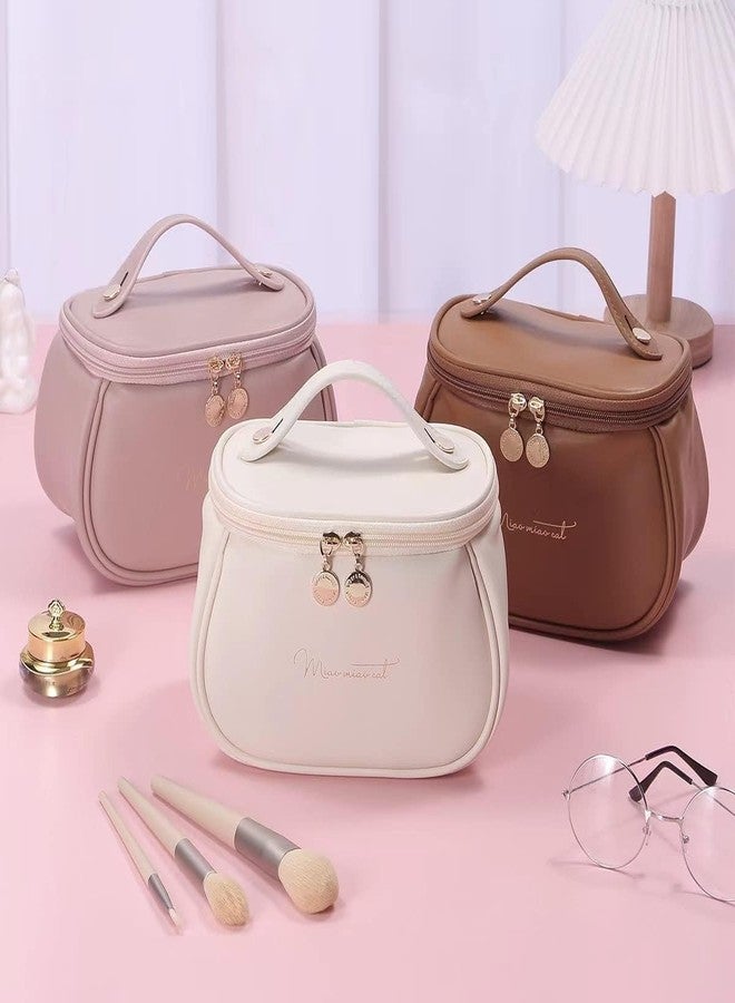 DOEASY Makeup Bag, Portable Cosmetic Bag, Large Capacity Travel Makeup Organizer, Leather Cosmetic Brush Case for Women Toiletry Bag for Girls with Handle and Divider Zipper Closure Vanity Bag (Brown) - Image 2