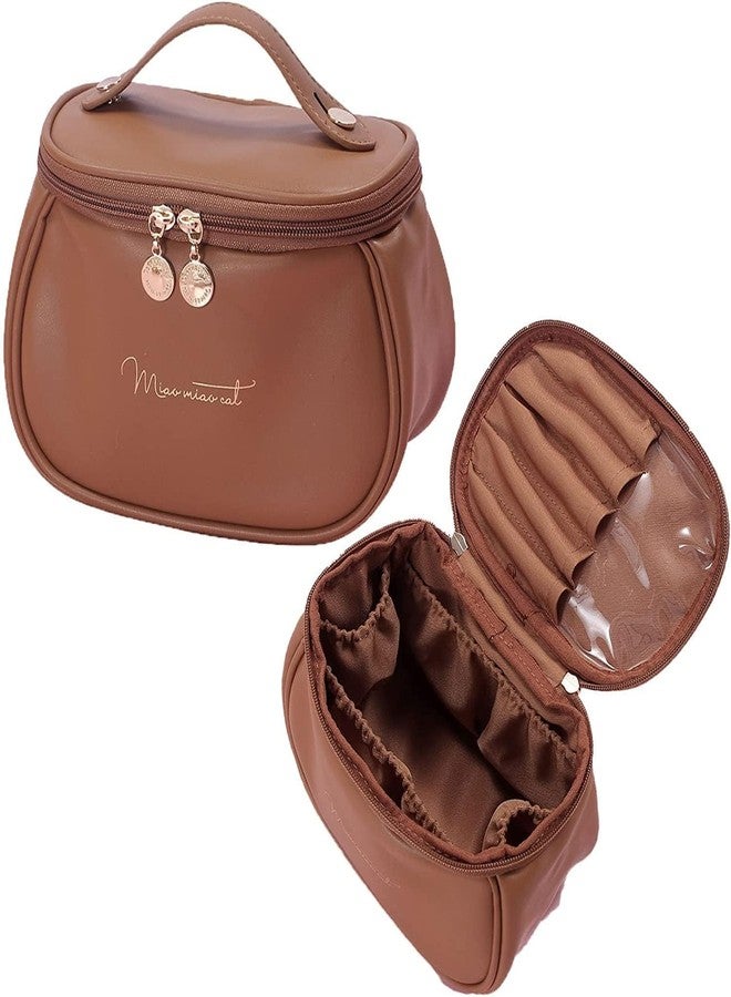 DOEASY Makeup Bag, Portable Cosmetic Bag, Large Capacity Travel Makeup Organizer, Leather Cosmetic Brush Case for Women Toiletry Bag for Girls with Handle and Divider Zipper Closure Vanity Bag (Brown) - Image 1