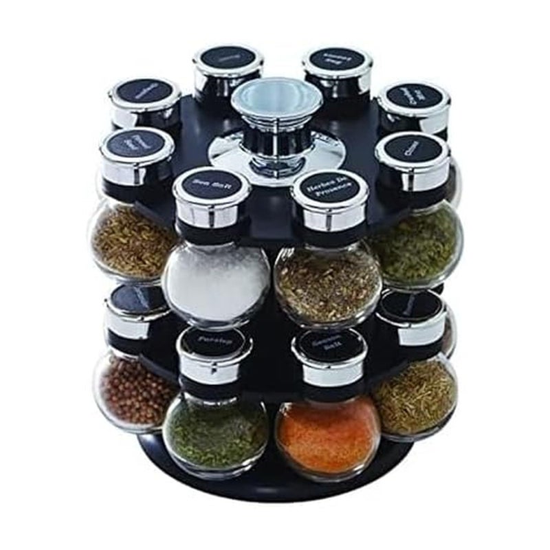 Kamenstein 16 Jar Ellington Revolving Countertop Spice Rack with Lift & Pour Caps and Spices Included, FREE Spice Refills for 5 Years: Black and Chrome - Image 1