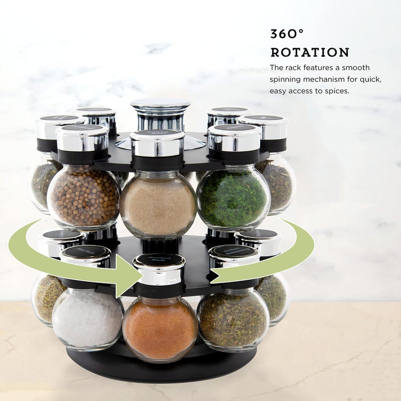 Kamenstein 16 Jar Ellington Revolving Countertop Spice Rack with Lift & Pour Caps and Spices Included, FREE Spice Refills for 5 Years: Black and Chrome - Image 3