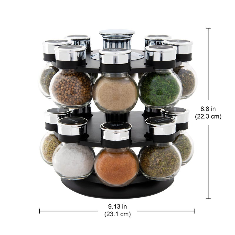Kamenstein 16 Jar Ellington Revolving Countertop Spice Rack with Lift & Pour Caps and Spices Included, FREE Spice Refills for 5 Years: Black and Chrome - Image 4