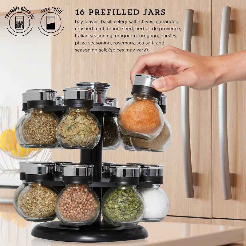 Kamenstein 16 Jar Ellington Revolving Countertop Spice Rack with Lift & Pour Caps and Spices Included, FREE Spice Refills for 5 Years: Black and Chrome - Image 2