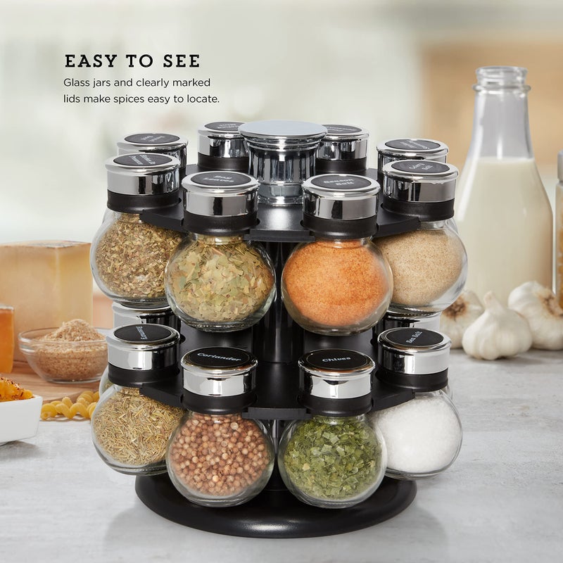 Kamenstein 16 Jar Ellington Revolving Countertop Spice Rack with Lift & Pour Caps and Spices Included, FREE Spice Refills for 5 Years: Black and Chrome - Image 5