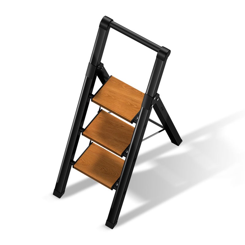 BEFITMACE 3 Step Ladder,Folding Step Stool with Aluminum Wide Pedal& Convenient Handgrip,330lbs Capacity Steel Ladder for Household and Office(Black &Woodgrain) - Image 1