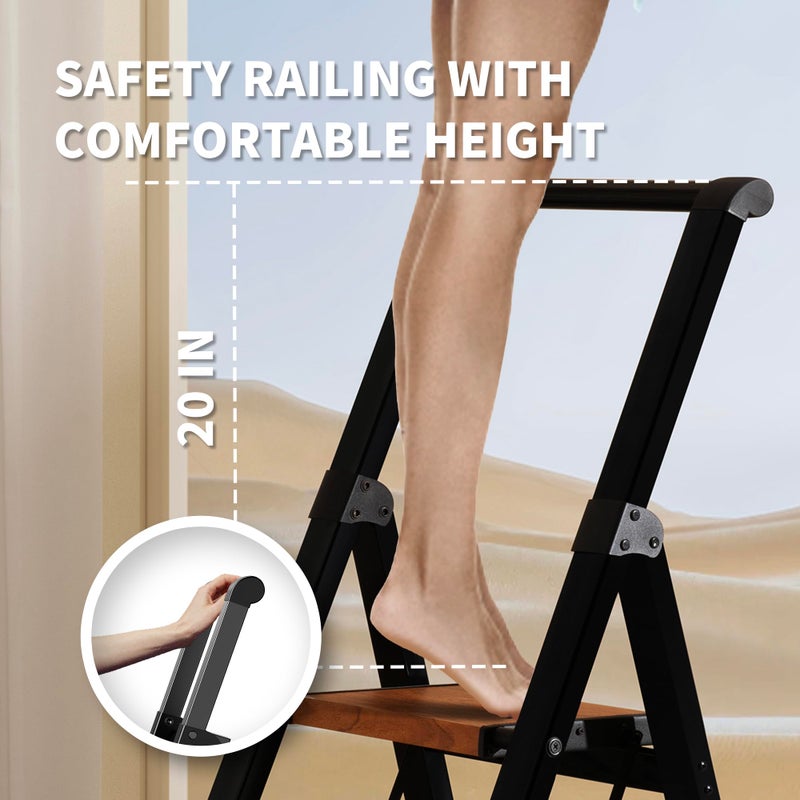 BEFITMACE 3 Step Ladder,Folding Step Stool with Aluminum Wide Pedal& Convenient Handgrip,330lbs Capacity Steel Ladder for Household and Office(Black &Woodgrain) - Image 4