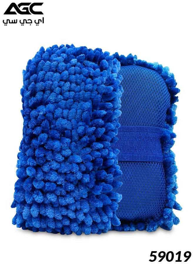 Agc Premium Microfiber Chenille Car Wash Mitt Sponge Dual Side Scratch Free High Absorbent Reusable Machine Washable Auto Cleaning Pad with Elastic Grip for Car Bike Glass Paint Body Home Cleaning Blue Professional Detailing Tool Soft Thick Fiber - Image 1