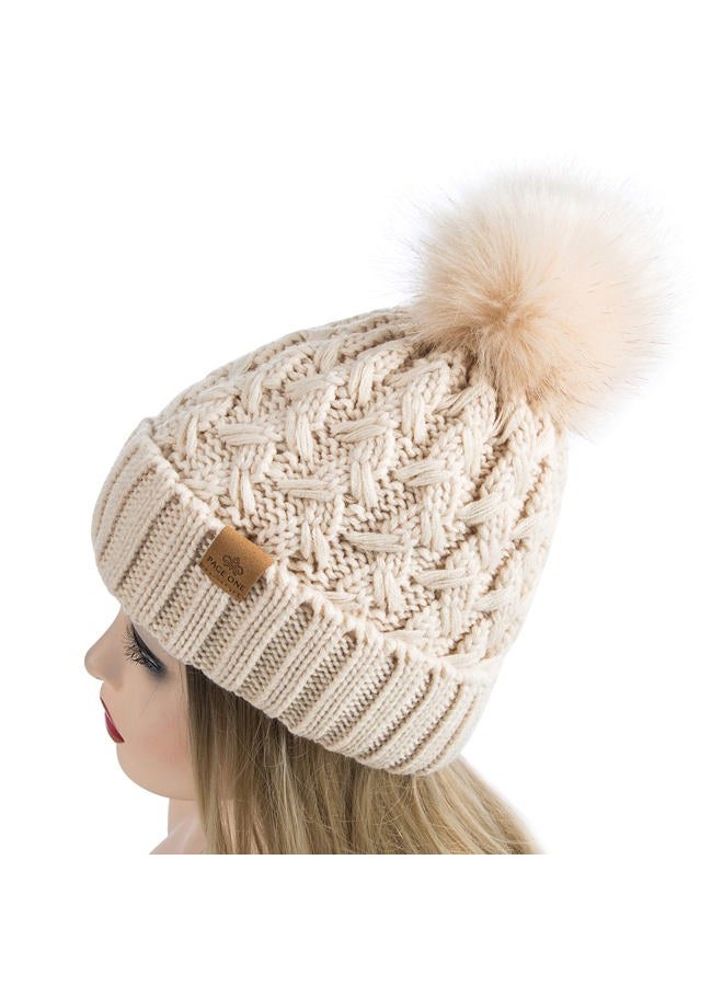 PAGE ONE Womens Winter Ribbed Beanie Crossed Cap Chunky Cable Knit Pompom Soft Warm Hat, Beige, One size - Image 3