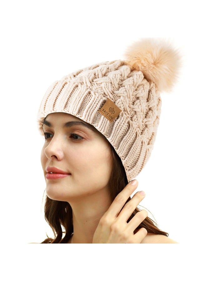 PAGE ONE Womens Winter Ribbed Beanie Crossed Cap Chunky Cable Knit Pompom Soft Warm Hat, Beige, One size - Image 2