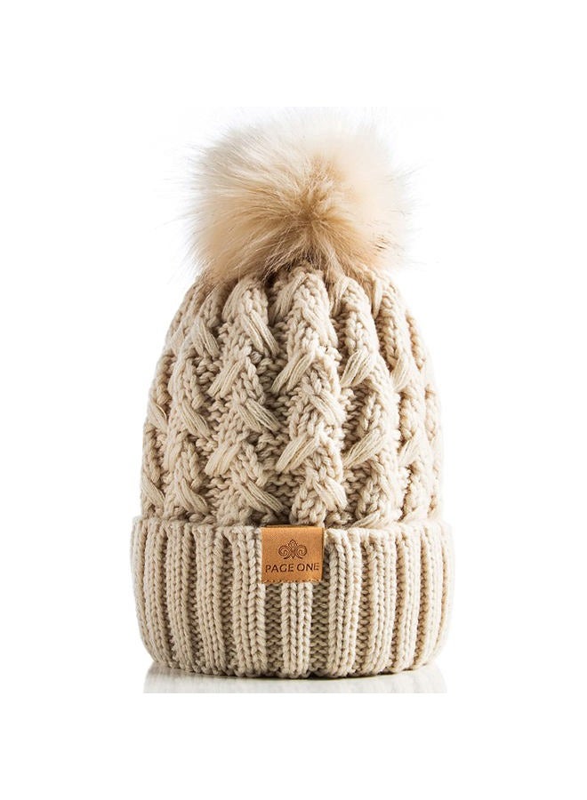 PAGE ONE Womens Winter Ribbed Beanie Crossed Cap Chunky Cable Knit Pompom Soft Warm Hat, Beige, One size - Image 1
