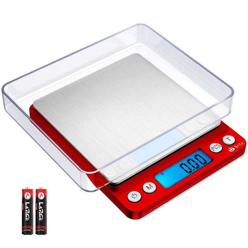 امير ميزان مطبخ رقمي 500 جم / 0.01 جم ميزان طب�� احترافي مع شاشة LCD بإضاءة خلفية ميزان طعام جيب دقيق 6 وحدات إيقاف تلقائي وظيفة تعيين الصفر PCS فولاذ مقاوم للصدأ البطاريات غير مشمولة (أحمر) - Image 1