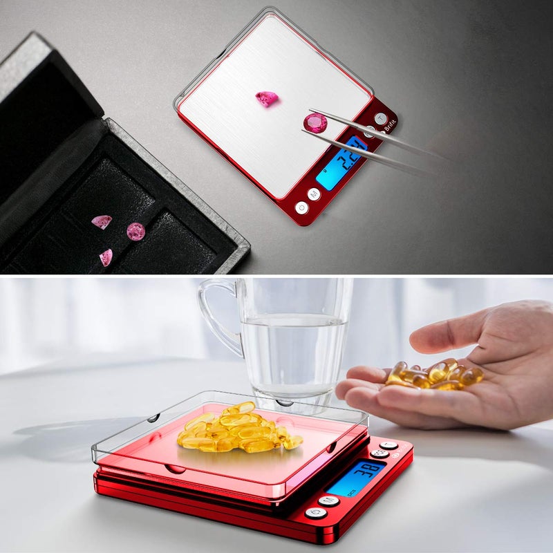 امير ميزان مطبخ رقمي 500 جم / 0.01 جم ميزان طب�� احترافي مع شاشة LCD بإضاءة خلفية ميزان طعام جيب دقيق 6 وحدات إيقاف تلقائي وظيفة تعيين الصفر PCS فولاذ مقاوم للصدأ البطاريات غير مشمولة (أحمر) - Image 2