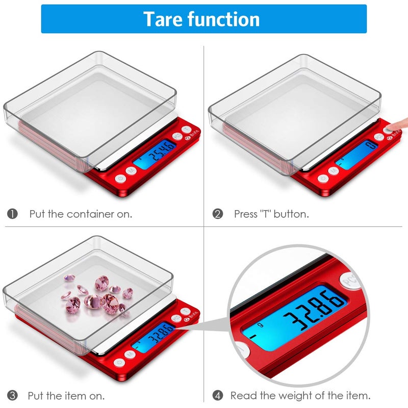 امير ميزان مطبخ رقمي 500 جم / 0.01 جم ميزان طب�� احترافي مع شاشة LCD بإضاءة خلفية ميزان طعام جيب دقيق 6 وحدات إيقاف تلقائي وظيفة تعيين الصفر PCS فولاذ مقاوم للصدأ البطاريات غير مشمولة (أحمر) - Image 3