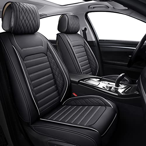 Aierxuan 2PCS Seat Covers Leather Cushions Universal Fit for Ford Chevy Subaru Acura Infiniti Benz Audi Highlander Camry Rav4 Tacoma Honda Jeep Hyundai Elantra (2PCS Front/Black-White A) - Image 2