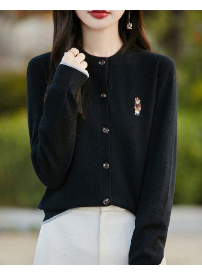 XINYANG Bear Embroidered Round Neck Knitted Cardigan Women, 2025 Early Autumn Soft Academic Style Sweater Coat - Image 1