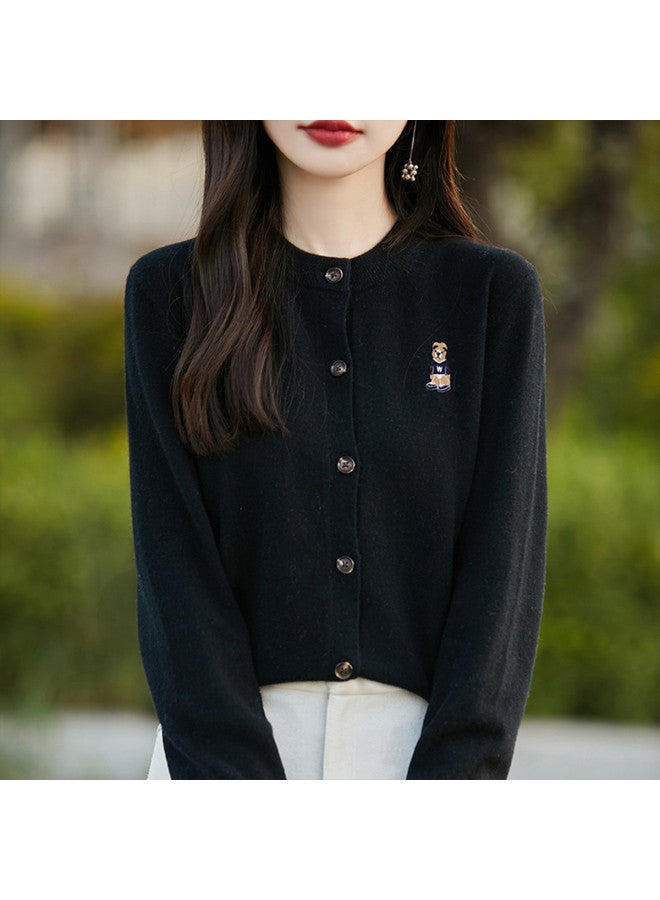 XINYANG Bear Embroidered Round Neck Knitted Cardigan Women, 2025 Early Autumn Soft Academic Style Sweater Coat - Image 4