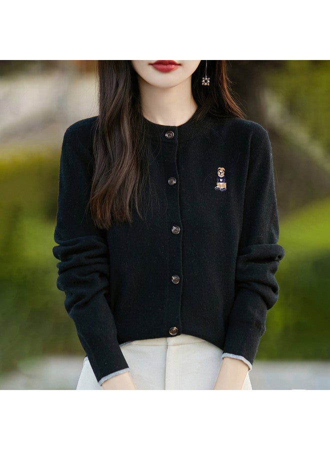 XINYANG Bear Embroidered Round Neck Knitted Cardigan Women, 2025 Early Autumn Soft Academic Style Sweater Coat - Image 3