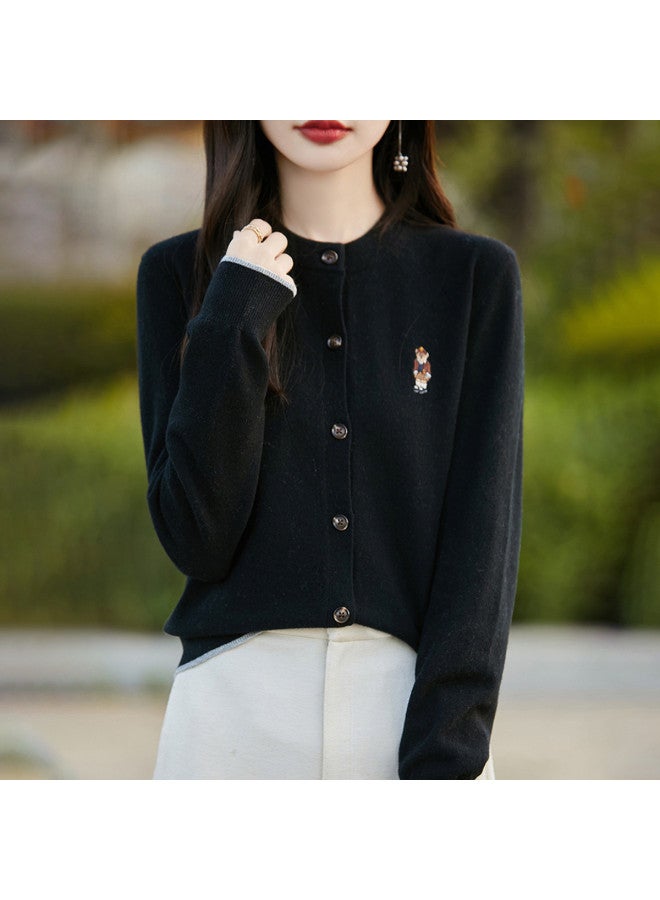 XINYANG Bear Embroidered Round Neck Knitted Cardigan Women, 2025 Early Autumn Soft Academic Style Sweater Coat - Image 2