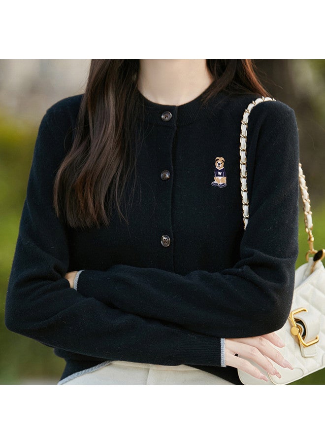 XINYANG Bear Embroidered Round Neck Knitted Cardigan Women, 2025 Early Autumn Soft Academic Style Sweater Coat - Image 5