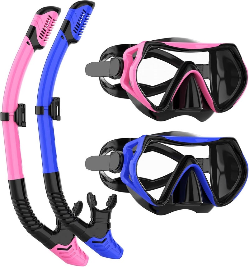 JRing Snorkeling Gear For Adults  Jring Snorkel Mask Set With 180 Degree Tempered Glass Anti Fog Goggles Scuba Dry Top Snorkel For Swimming  Scuba Diving Mask For Men Women (Blue+Pink) - Image 1