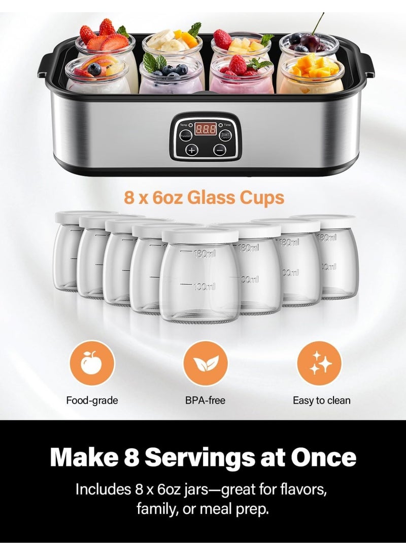 YQLIFE Yogurt Maker - Stainless Steel Yogurt Makers with Adjustable Time & Temp Control，Automatic Shut-Off & Constant Temper for Homemade Greek, Probiotic Yogurt, 8 Glass Jars (48 oz), Black - Image 4