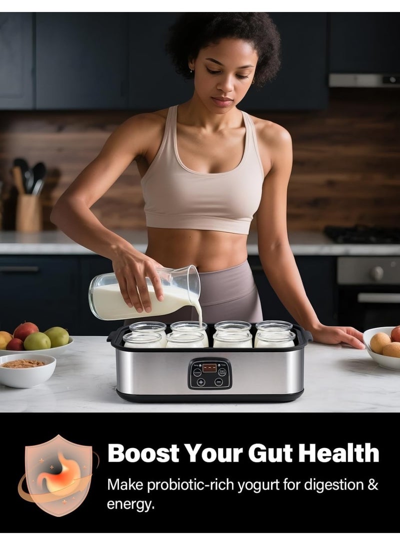 YQLIFE Yogurt Maker - Stainless Steel Yogurt Makers with Adjustable Time & Temp Control，Automatic Shut-Off & Constant Temper for Homemade Greek, Probiotic Yogurt, 8 Glass Jars (48 oz), Black - Image 2