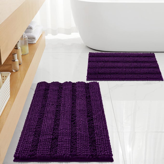 NON SLIP THICK SHAGGY CHENILLE BATHROOM RUG SETS 2 PIECE THICKENED HOT MELT RUBBER BOTTOM BATH MATS FOR BATHROOM BATH RUGS QUICK DRY MACHINE WASHABLE FOR SHOWER PLUM 32X20 PLUS 17X24