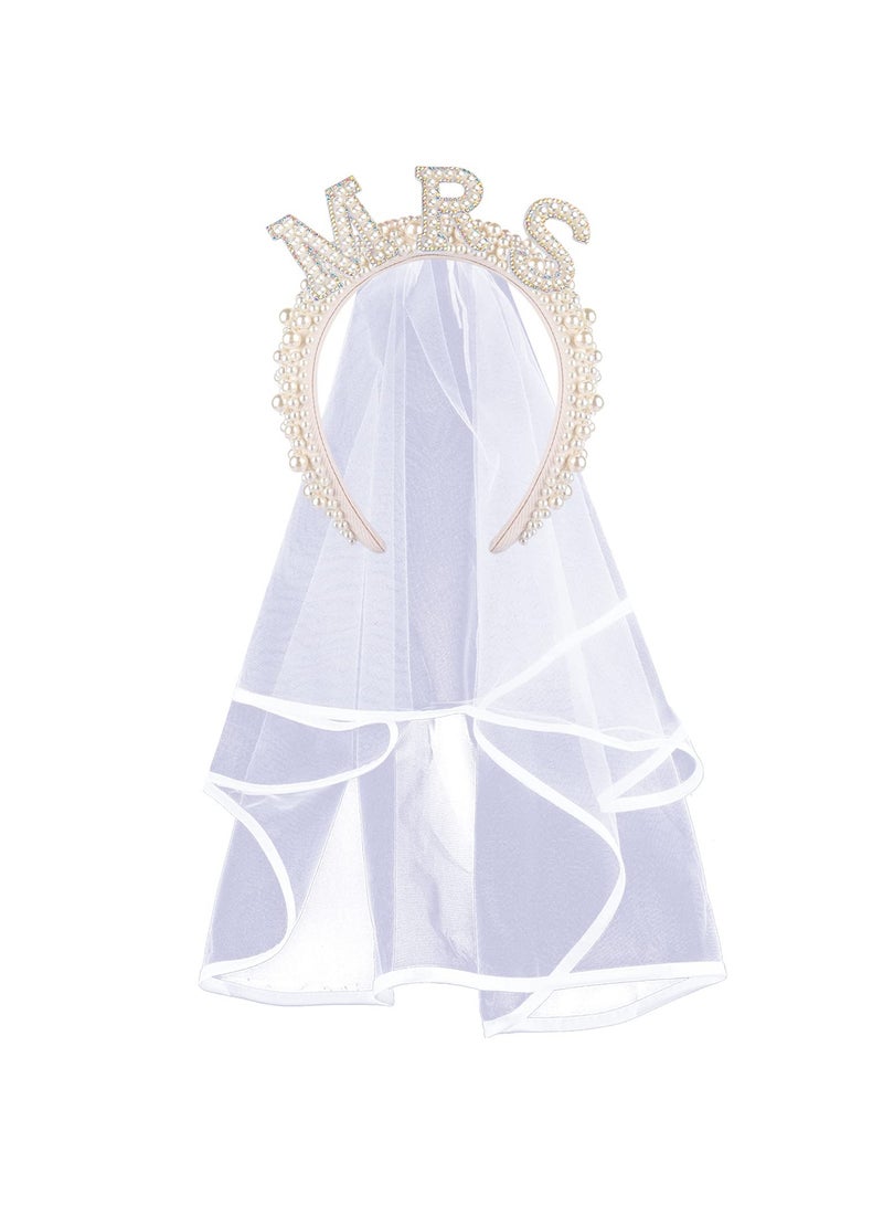 SOLARAE Bride Headband, Bride To Be Headband for Bridal Shower Gift Elegent Pearl Bridal Headband with Veil Bachelorette Party Decorations Bride Accessories - Image 1