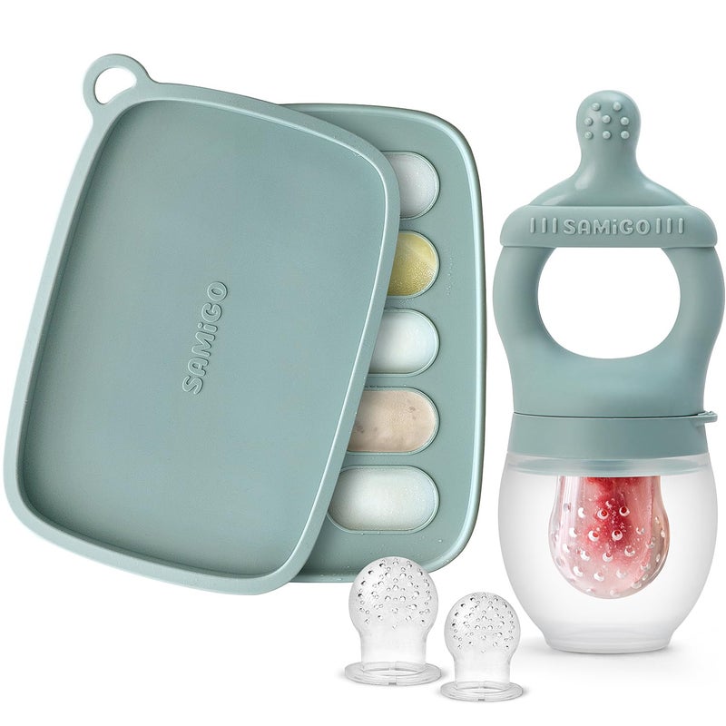 SAMiGO Baby Food Fruit Feeder and Breastmilk Popsicle Mold Set Silicone Fruit Teether Food Feeder Pacifier for Teething Relief Freezer Tray Baby Feeding Essentials 4 Months - Image 1