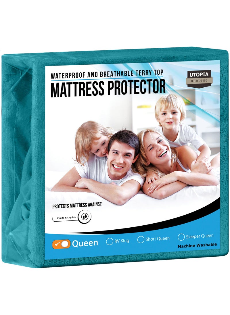 Utopia Bedding Utopia Bedding Waterproof Mattress Protector Queen Size  Premium Terry Mattress Cover 200 GSM  Breathable  Fitted Style with Stretchable Pockets (Denim)  - Image 1