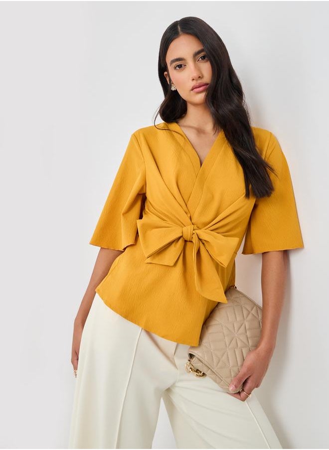 Styli Styli Solid V-Neck Tie-Up Waist Blouse  - Image 1