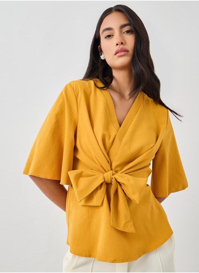 Styli Styli Solid V-Neck Tie-Up Waist Blouse  - Image 4