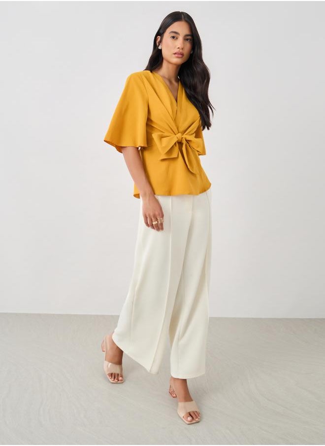 Styli Styli Solid V-Neck Tie-Up Waist Blouse  - Image 3