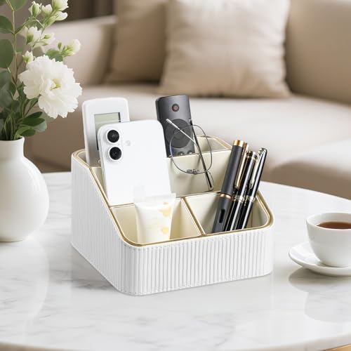 Cretkhp Remote Control Holder with 4 Compartments PU Leather Small Nightstand Organizer for Home Desk Accessories Office Supplies Multifunctional Stylish Small Bedside Desktop Organizers White - Image 3