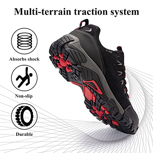 SHULOOK Men's Waterproof Hiking Shoes Lightweight Anti Slip Outdoor Ankle Boots Breathable Hike Trekking Trails Shoe Black/Red 11.5 - Image 4
