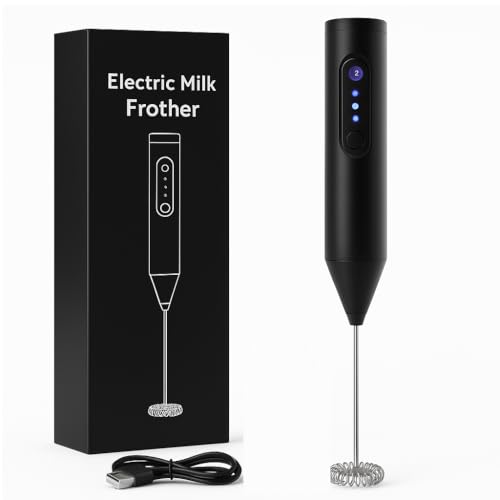 Bonsenkitchen Royal Milk, 3‑Speed Electric for Coffee with Whisk and, Mixer, Stand‑up Design, for Cream (Whisk Milk), Rechargeable,Stainless Steel(Black) - Image 1