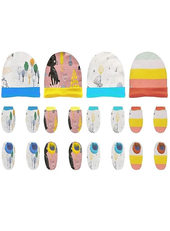NAVYZONE Newborn Baby Cotton Cap, Mitten & Bootie's (Cap Set) 0-12 Months | Multicolour(Pack of 4) - Image 2