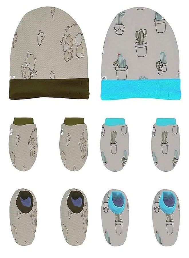 NAVYZONE Newborn Baby Cotton Cap, Mitten & Bootie's (Cap Set) 0-12 Months | Multicolour(Pack of 4) - Image 3