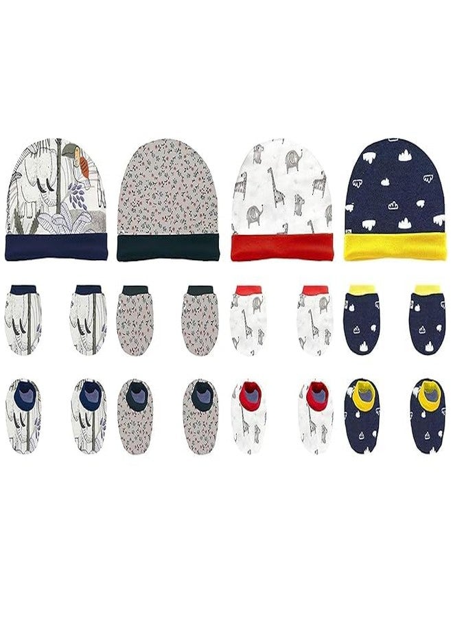NAVYZONE Newborn Baby Cotton Cap, Mitten & Bootie's (Cap Set) 0-12 Months | Multicolour(Pack of 4) - Image 1