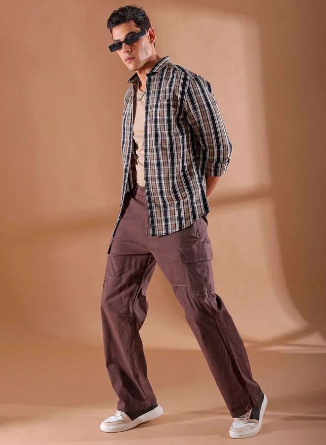 The Indian Garage Co Men Slim Fit Checkered Full Sleeves Cutaway Collar Casual Shirt