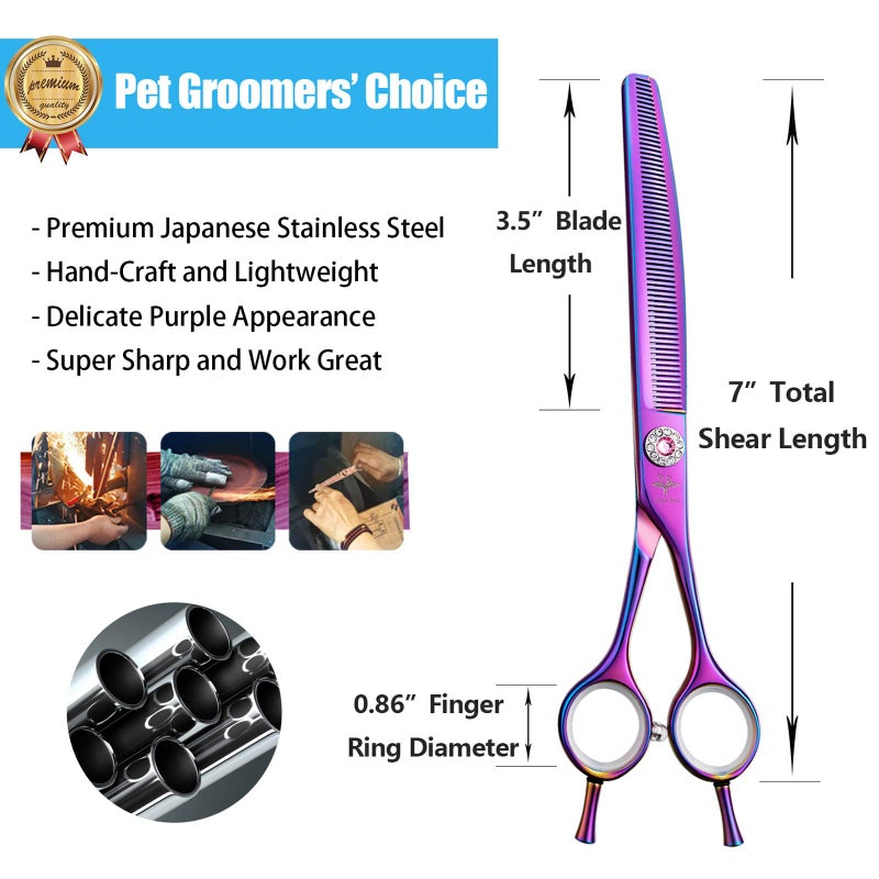 PURPLEBIRD 7 Inch Downward Curved Dog Grooming Scissors Thinning Texturizing Shears Professional Safety Blunt Tip Trimming Shearing for Dogs Cats Face Paws Limbs Japanese Stainless Steel Purple - Image 4
